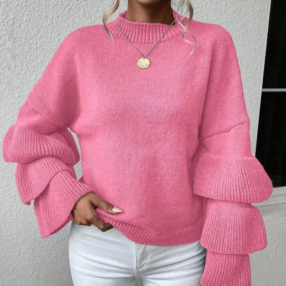 Pink Casual Women's Round Neck Patchwork Ruffle Flare Sleeve Sweater